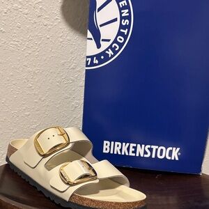 Birkenstock Arizona Sandals in Cream with Gold Buckles